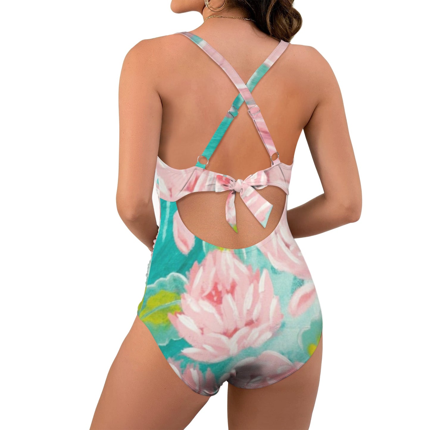 Mint Pink Peony Twist Front Tie Back Swim Suite