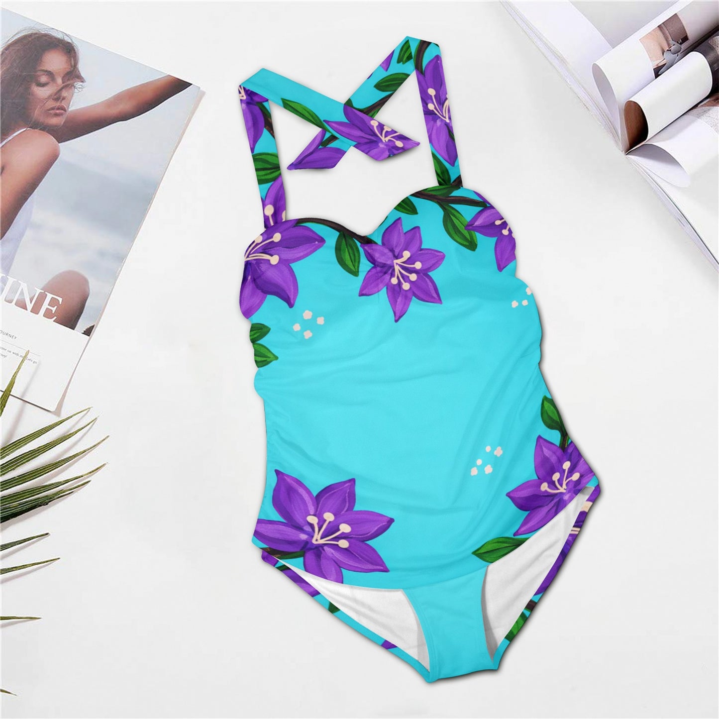 Violets at Sea One Piece Swimsuit Women's Halter Neck Gather Chest Swimsuit