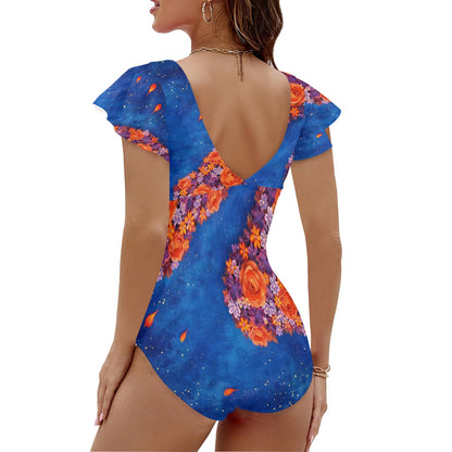 Orange Cascade One Piece Women's Twist Front Ruffle Sleeve Swimsuit