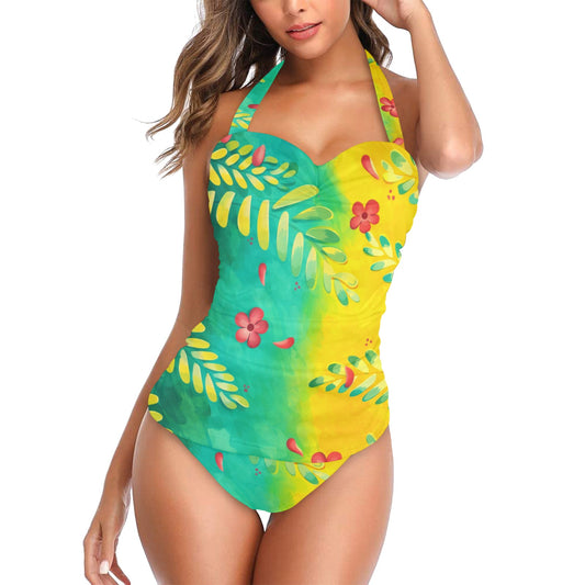 Emerald Horizon One Piece Women's Halter Neck Gather Chest Swimsuit