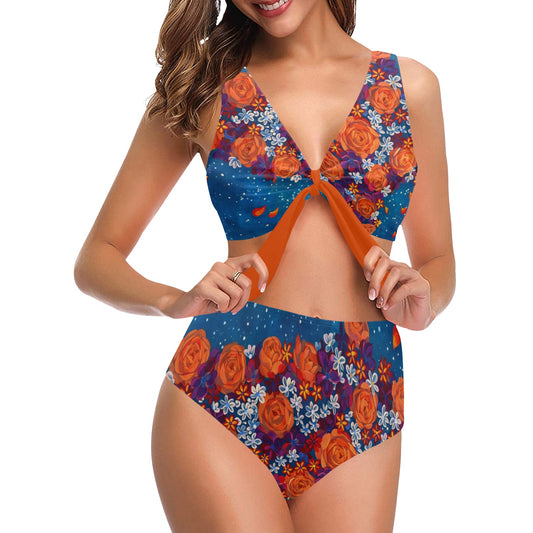 Orange Cascade of Peonies Two Piece Swimsuit Chest Bowknot Bikini Swimsuit