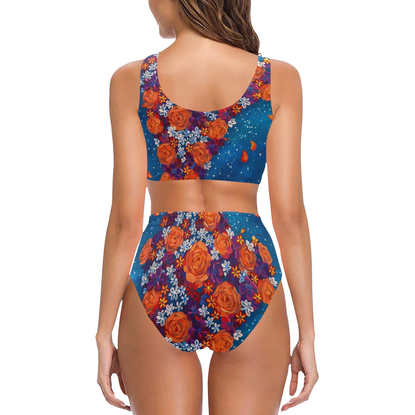 Orange Cascade of Peonies Two Piece Swimsuit Chest Bowknot Bikini Swimsuit