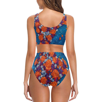 Orange Cascade of Peonies Two Piece Swimsuit Chest Bowknot Bikini Swimsuit