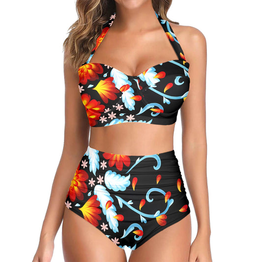 Fire Kiss Two Piece Swimsuit Women's Halter Neck Gather Chest Bikini Swimsuit