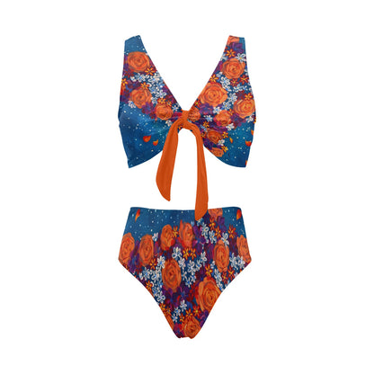 Orange Cascade of Peonies Two Piece Swimsuit Chest Bowknot Bikini Swimsuit