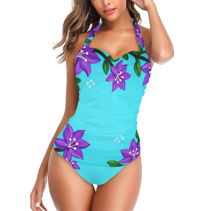 Violets at Sea One Piece Swimsuit Women's Halter Neck Gather Chest Swimsuit