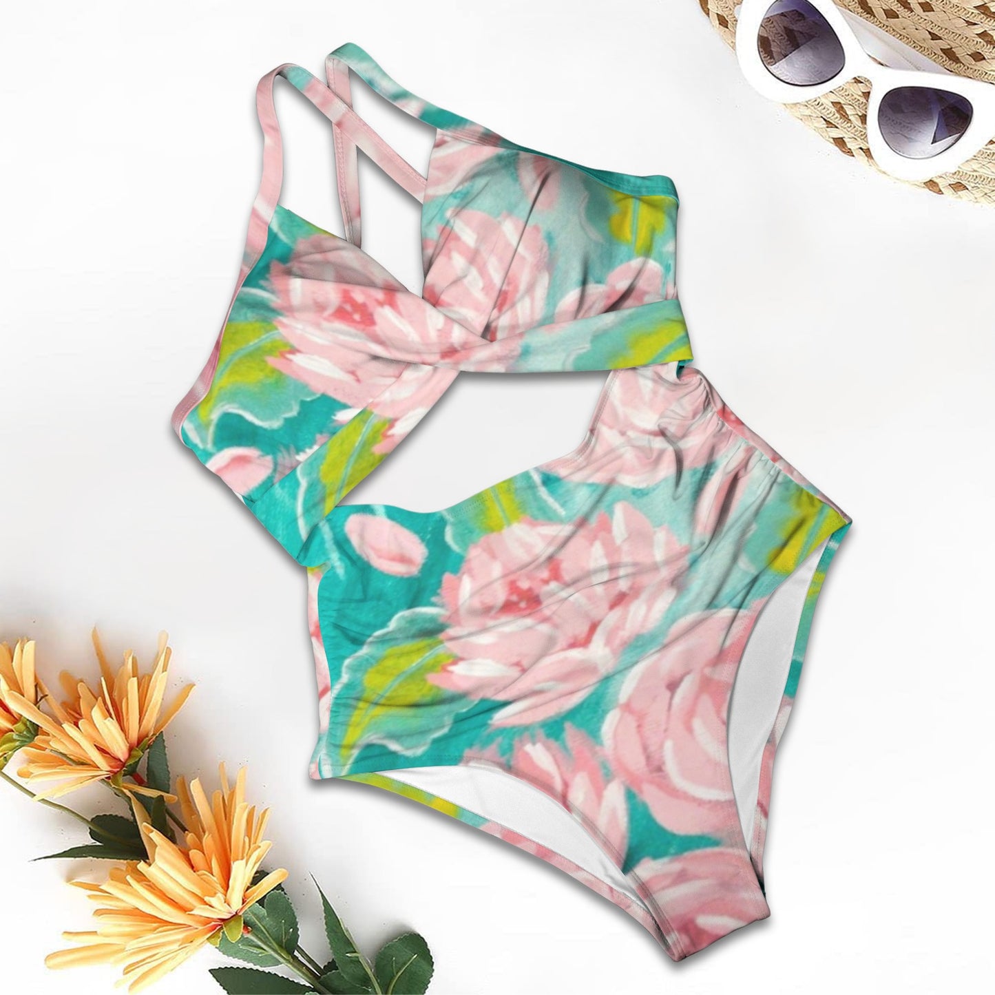 Mint Pink Peony Twist Front Tie Back Swim Suite