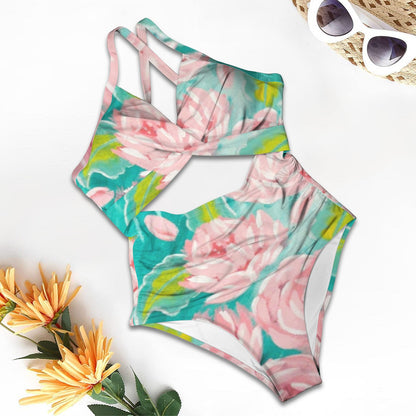 Mint Pink Peony Twist Front Tie Back Swim Suite