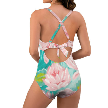 Mint Pink Peony Twist Front Tie Back Swim Suite