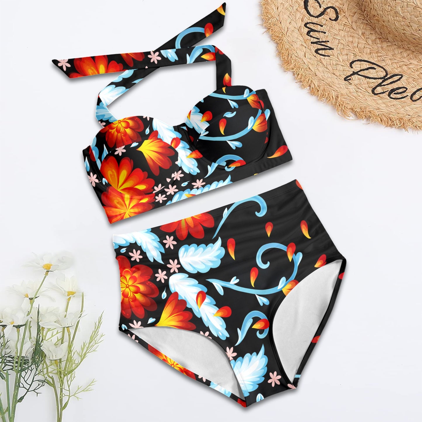 Fire Kiss Two Piece Swimsuit Women's Halter Neck Gather Chest Bikini Swimsuit
