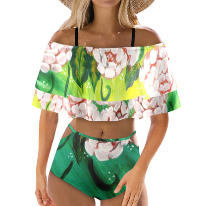 Peonies Cascade Women's Ruffle Off Shoulder Bikini Swimsuit