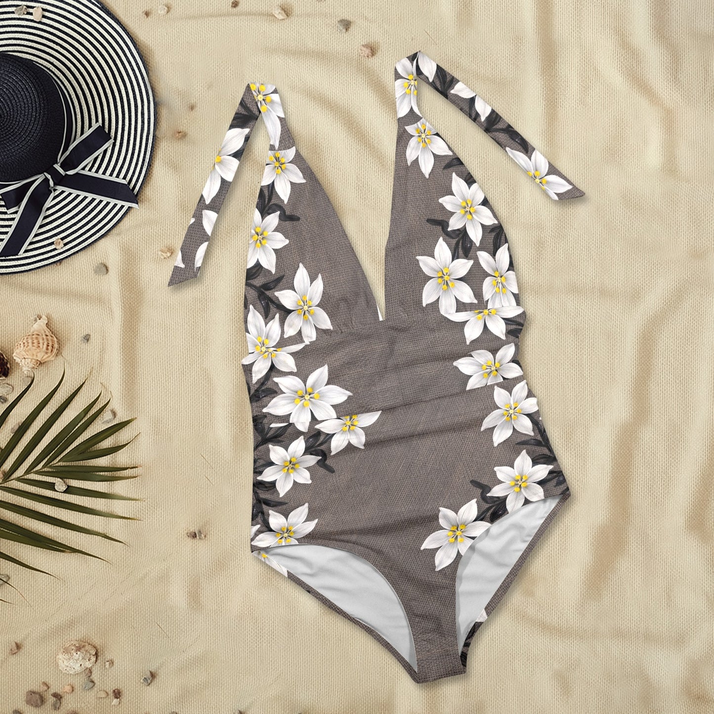 White Jasmine One Piece Women's Halter Backless Swimsuit