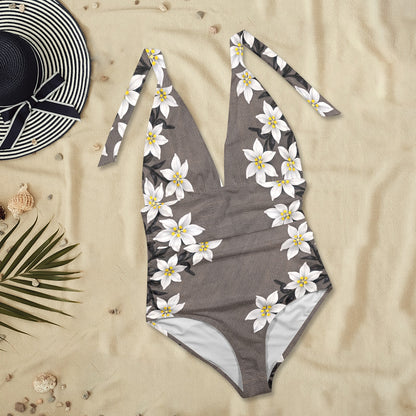 White Jasmine One Piece Women's Halter Backless Swimsuit
