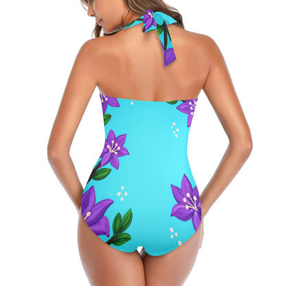 Violets at Sea One Piece Swimsuit Women's Halter Neck Gather Chest Swimsuit