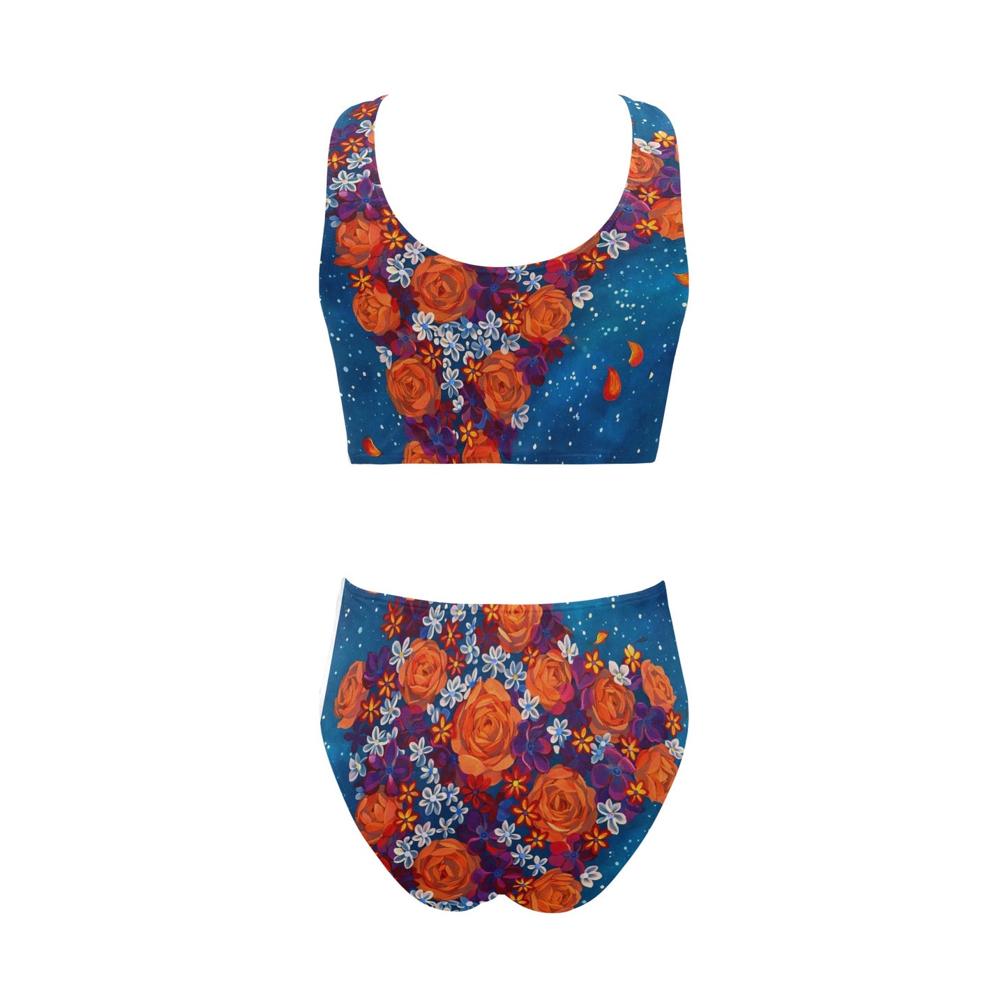 Orange Cascade of Peonies Two Piece Swimsuit Chest Bowknot Bikini Swimsuit