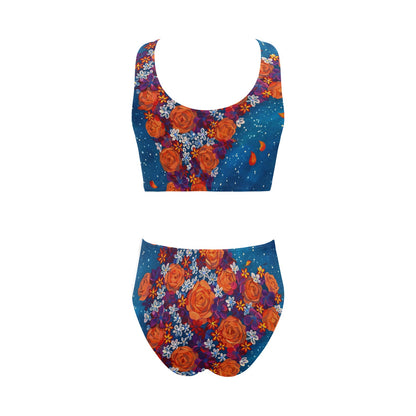 Orange Cascade of Peonies Two Piece Swimsuit Chest Bowknot Bikini Swimsuit
