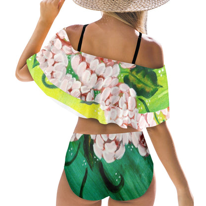 Peonies Cascade Women's Ruffle Off Shoulder Bikini Swimsuit